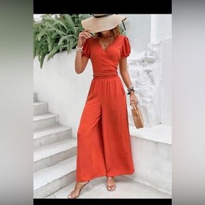 Puff sleeve blouse and wide leg pants